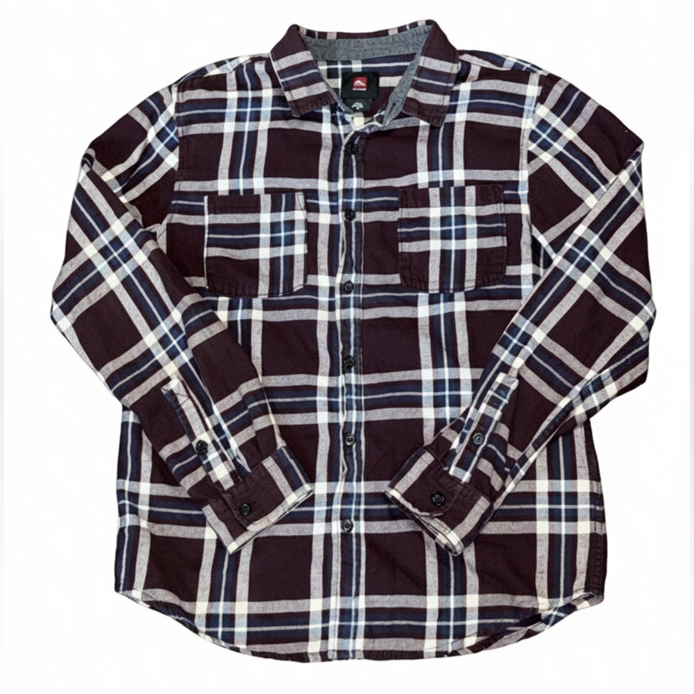 Quiksilver Men's Plaid Flannel Button Down Shirt - Maroon/Navy - Size Medium